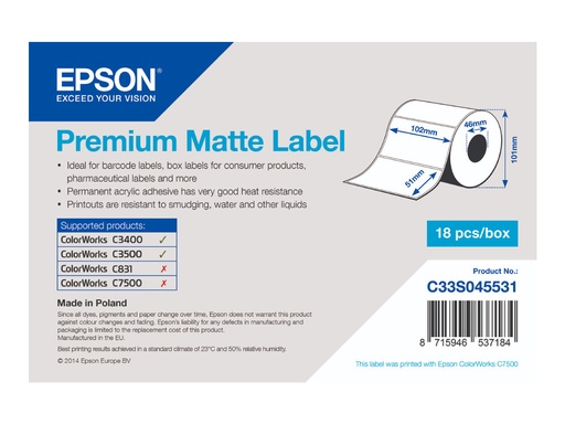 [C33S045531] Epson Premium - Matt - 102 x 51 mm 650 Etikett(en) (1 Rolle(n)