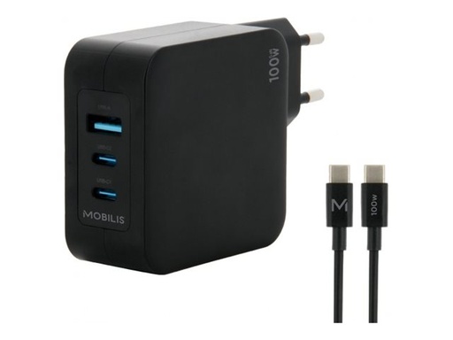 [001365] Mobilis Netzteil - schnell, GaN - 100 Watt - QC, PD/PPS - 3 Ausgabeanschlussstellen (USB, 2 x USB-C)