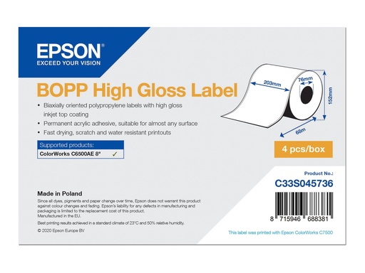 [C33S045736] Epson BOPP - Hochglänzend - permanenter Acrylklebstoff - mikroporös - weiß - Rolle (20,3 cm x 68 m)