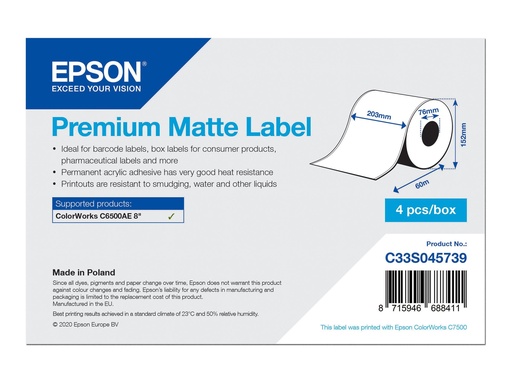 [C33S045739] Epson Premium - Glatt matt - permanenter Acrylklebstoff - hochweiß - Rolle (20,3 cm x 60 m)