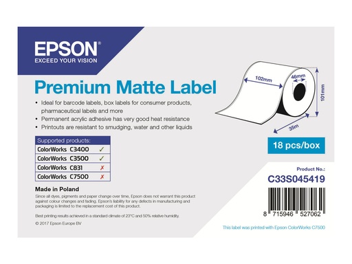 [C33S045419] Epson Premium - Matt - Rolle (10,2 cm x 35 m) 1 Rolle(n) Etiketten-Endlospapier - für Epson TM-C3400-LT; ColorWorks CW-C4000E (BK)