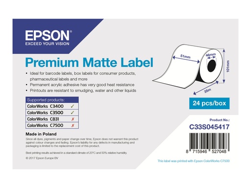 [C33S045417] Epson Premium - Matt - Rolle (5,1 cm x 35 m) 1 Rolle(n) Etiketten-Endlospapier - für Epson TM-C3400-LT; ColorWorks CW-C4000E (BK)