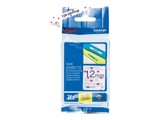 [TZEMPPH31] Brother TZe-MPPH31 - Schwarz auf rosafarbenen Herzen - Rolle (1,2 cm x 4 m)