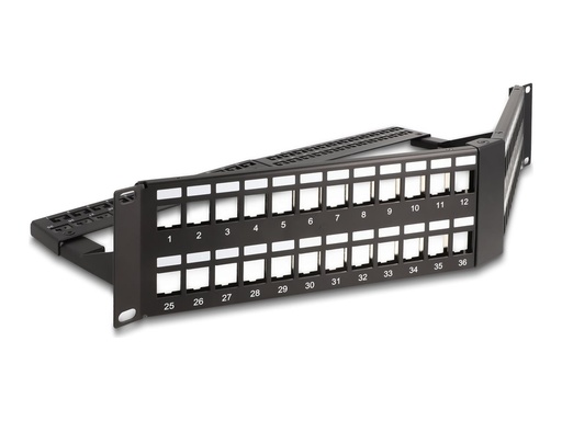 [66977] Delock Patch Panel - abgewinkelt, mit Zugentlastung - Schrankmontage - Schwarz, RAL 9005 - 2U - 48.3 cm (19")