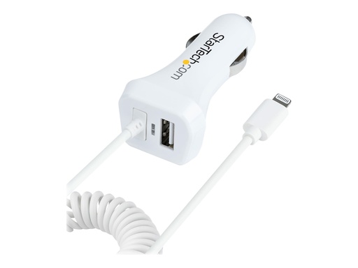 [USBLT2PCARW2] StarTech.com Lightning Car Charger with 1m Coiled Lightning Cable, 12W, White, 2 Port USB Car Charger Adapter for Phones and Tablets, In Car Apple iPhone/iPad Charger w/ Built-in Cord - Dual USB Car Charger (USBLT2PCARW2)