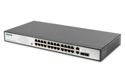 [DN-95343] DIGITUS 24-Port Fast Ethernet  PoE Netzwerkswitch, 19 Zoll, unmanaged, 2 GE Uplink Ports, SFP, 370 W, af/at