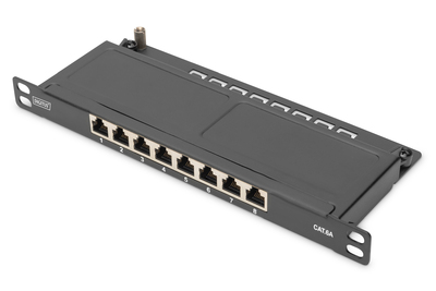 [DN-91608S-SL-EA] DIGITUS CAT 6A Slim Patch Panel, geschirmt, 8-Port, 0,5 HE, 10", schwarz