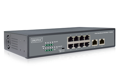[DN-95323-1] DIGITUS 8-Port Fast Ethernet PoE Netzwerkswitch, Desktop, unmanaged, 2 Uplink Ports RJ45,120 W, af/at
