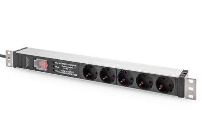 [DN-95433] DIGITUS Steckdosenleiste mit Aluminiumprofil  und Schalter, Überspannungsschutz, integrierter Netzfilter, 5-fach Schutzkontaktsteckdose, 2 m Zuleitung Schutzkontaktstecker