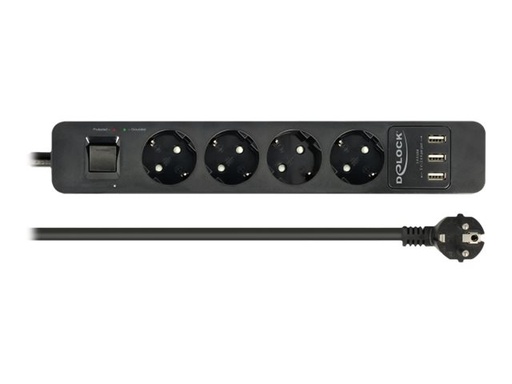 [11209] Delock Extension Socket - Steckdosenleiste - Wechselstrom 250 V - 4000 Watt - Eingabe, Eingang power CEE 7/7 - Ausgangsanschlüsse: 4 (3 x USB Typ A, 4 x CEE 7/3)