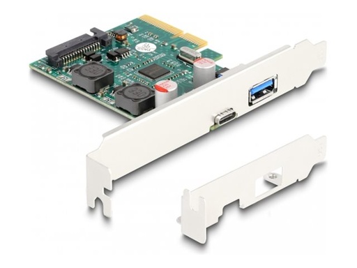 [90107] Delock PCI Express x4 Karte zu 1 x extern USB 10 Gbps Type-C Buchse + 1 x extern USB 10 Gbps Typ-A Buchse - Low Profile Formfaktor - PCIe - USB 3.2 Gen 2 (3.1 Gen 2) - Niedriges Profil - PCI 3.0 - SATA 15-Pin - Grün - Grau