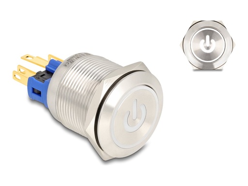 [22051] Delock Drücktaster - für 22 mm Installation, 6 x Lötanschluss, weißes LED-Netzsymbols und Ring