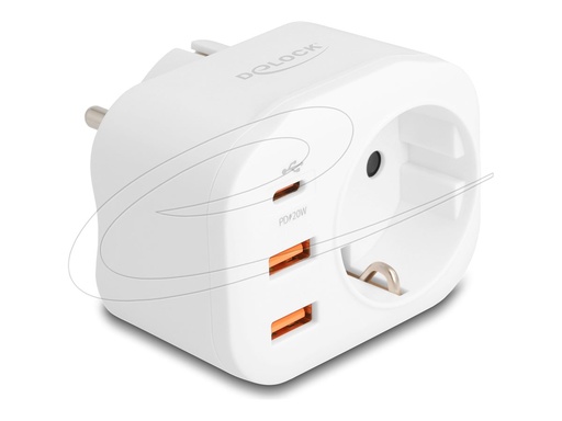[11498] Delock Socket splitter - mit Kindersicherung - Wechselstrom 100-240 V - 4000 Watt - Eingabe, Eingang power CEE 7/7 - Ausgangsanschlüsse: 1 (power CEE 7/3, 2 x 24-poliger USB-C (PD)