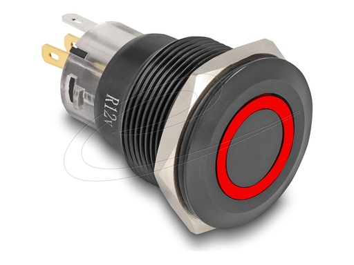 [22015] Delock Schalter mit Taste - 5 x solder connection, 22 mm, 12V, led red ring