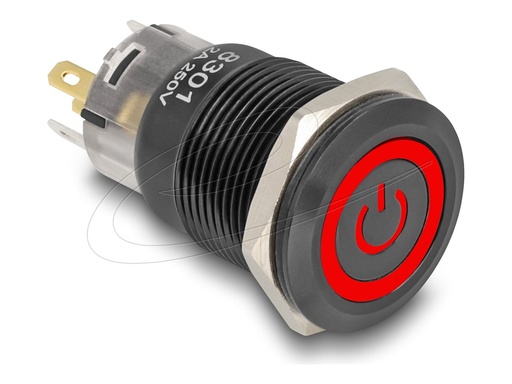 [22023] Delock Schalter mit Taste - 5 x solder connection, 19 mm, 12V, led red power symbol + ring