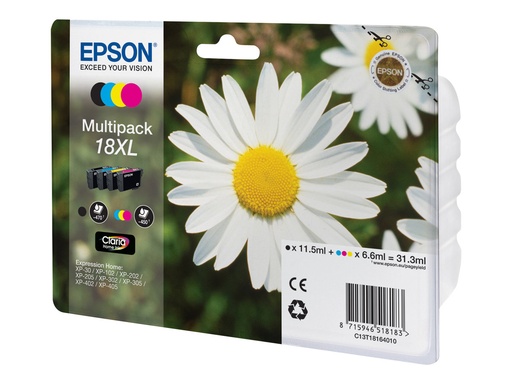 [7110392] Epson 18XL Multipack - 4er-Pack - XL - Schwarz, Gelb, Cyan, Magenta - original - Blister mit akustischem / elektromagnetischem Alarm - Tintenpatrone (Packung mit 30)