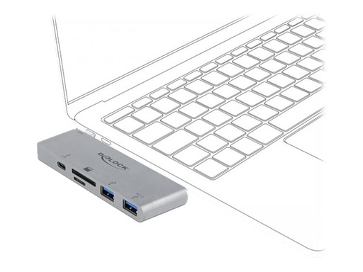 [64078] Delock 3 Port Hub and 2 Slot Card Reader for MacBook with PD 3.0 and retractable USB Type-C Connection - Hub - 2 x USB 3.2 Gen 1 + 1 x USB-C (Spannungsversorgung)