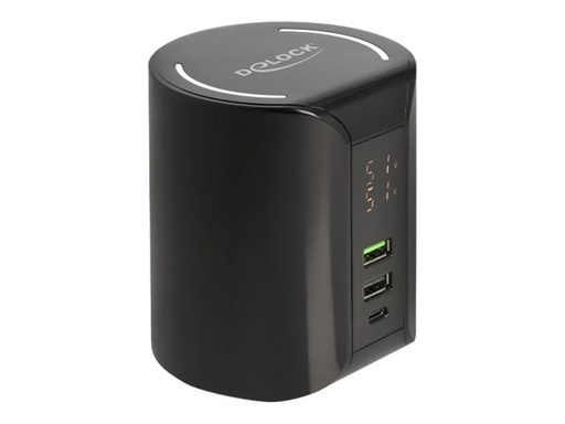 [41441] Delock Ladeschale für induktives Laden / Netzteil - 58 Watt - 3 A - Fast Charge, PD - 3 Ausgabeanschlussstellen (2 x USB, USB-C)