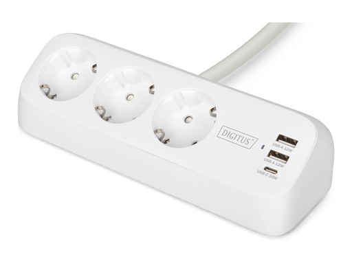 [DA-70626] DIGITUS 3-fach Office-Steckdosenleiste mit 2x USB-A und 1x USB-C Anschlüssen, Weiß