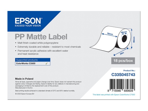 [C33S045743] Epson Matt - Rolle (7,6 cm x 29 m) 24 Rolle(n) Etikettenpapier - für ColorWorks CW-C4000E (BK)